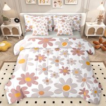 Manfei Teens Kawaii Floral Bedding Comforter Set 7 Pieces, Grey Groovy Daisy Flower Full Bedding Set, Cute Princess Cartoon Reversible Fitted Sheet Flat Sheet, Luxury Bedroom Decor