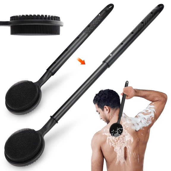 Silicone Back Scrubber for Shower,23.5" Adjustable Telescopic Long Handle Body Brush,Double Sided Shower Brush