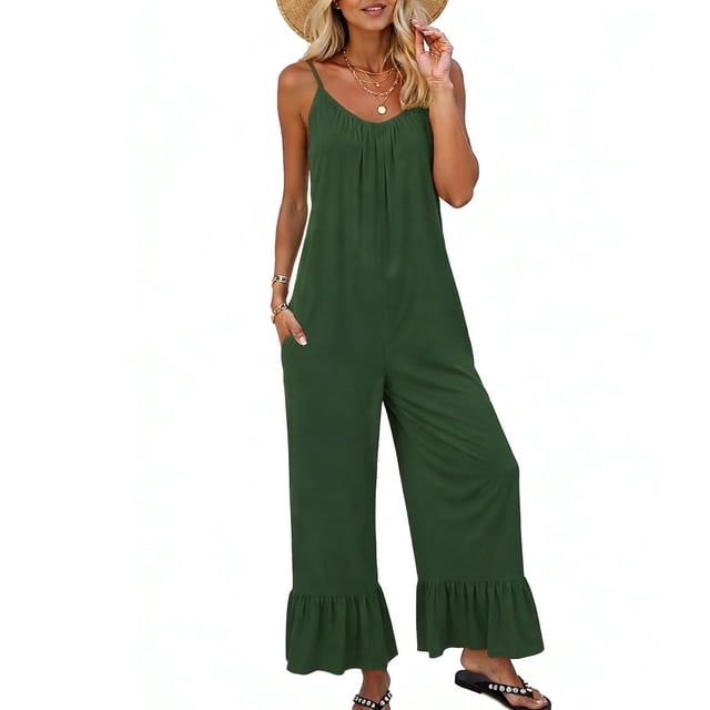 TaTaai Women's Summer Solid Color Sleeveless Jumpsuit Round Neck Ruffle Hem Pocket Detail Comfortable Casual Long Jumpsuit Gift