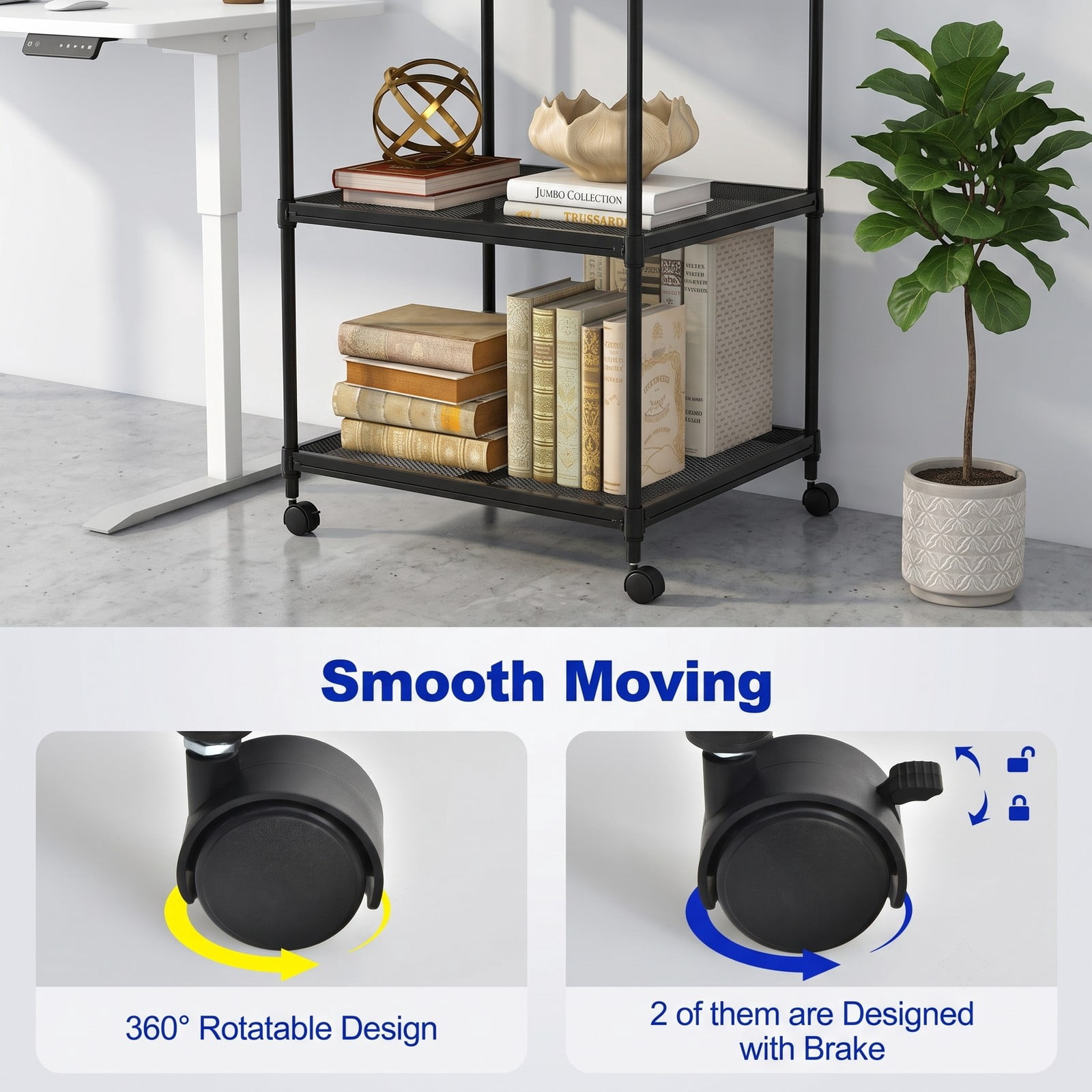Furnibear 3 Tier Rolling Printer Stand Fax Cart with Adjustable Shelf, Swivel Locking Wheels, Wood Iron Mobile Storage Organizer for Home Office - Black