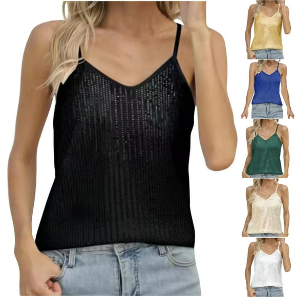 Jinhomg Hauts à Paillettes pour Femmes Débardeur de Fête Scintillant Léger Confortable Sans Manches Col en V Mode 2025 Clubwear Soldes Aujourd'hui Beige P