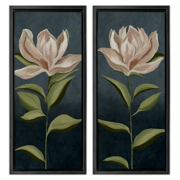 Stupell Industries Pink Petaled Blooms Plants & Flowers Painting Black Floater Framed Canvas Art Print Wall Art, 11 x 25, Set of 2