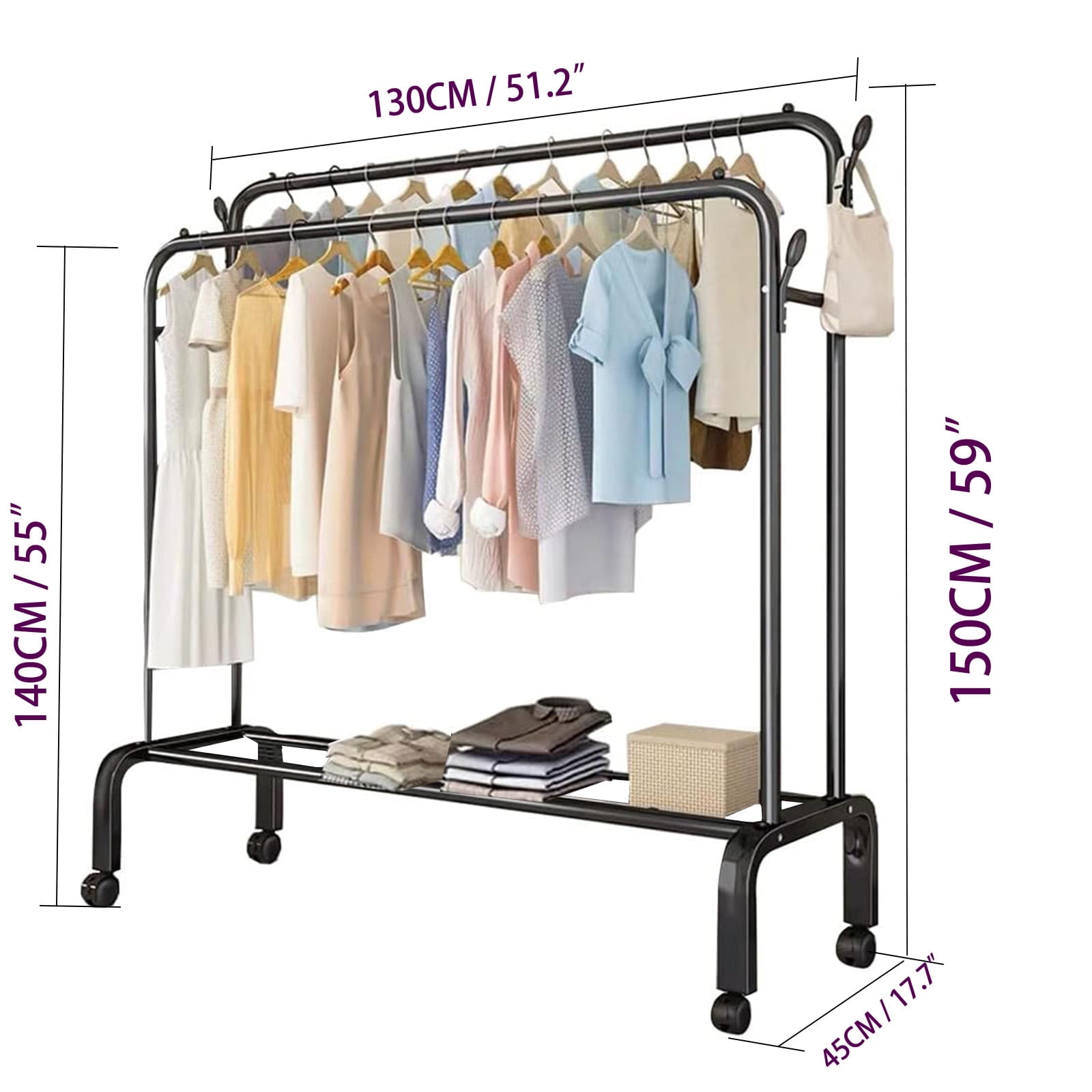 SUSUZI 51” Double Rod Clothes Rack – 150LBS Garment Rack with