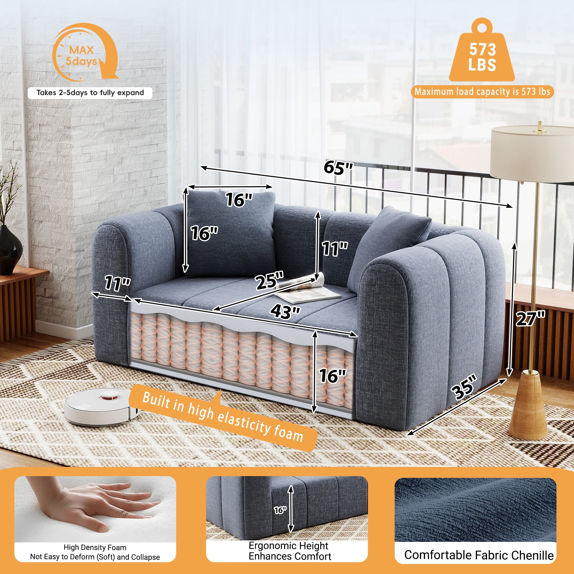 Meeyar Loveseat Sofa with 2 Cushions, 65" Modern Bubble Couch 2 Seater for Living Room, Blue