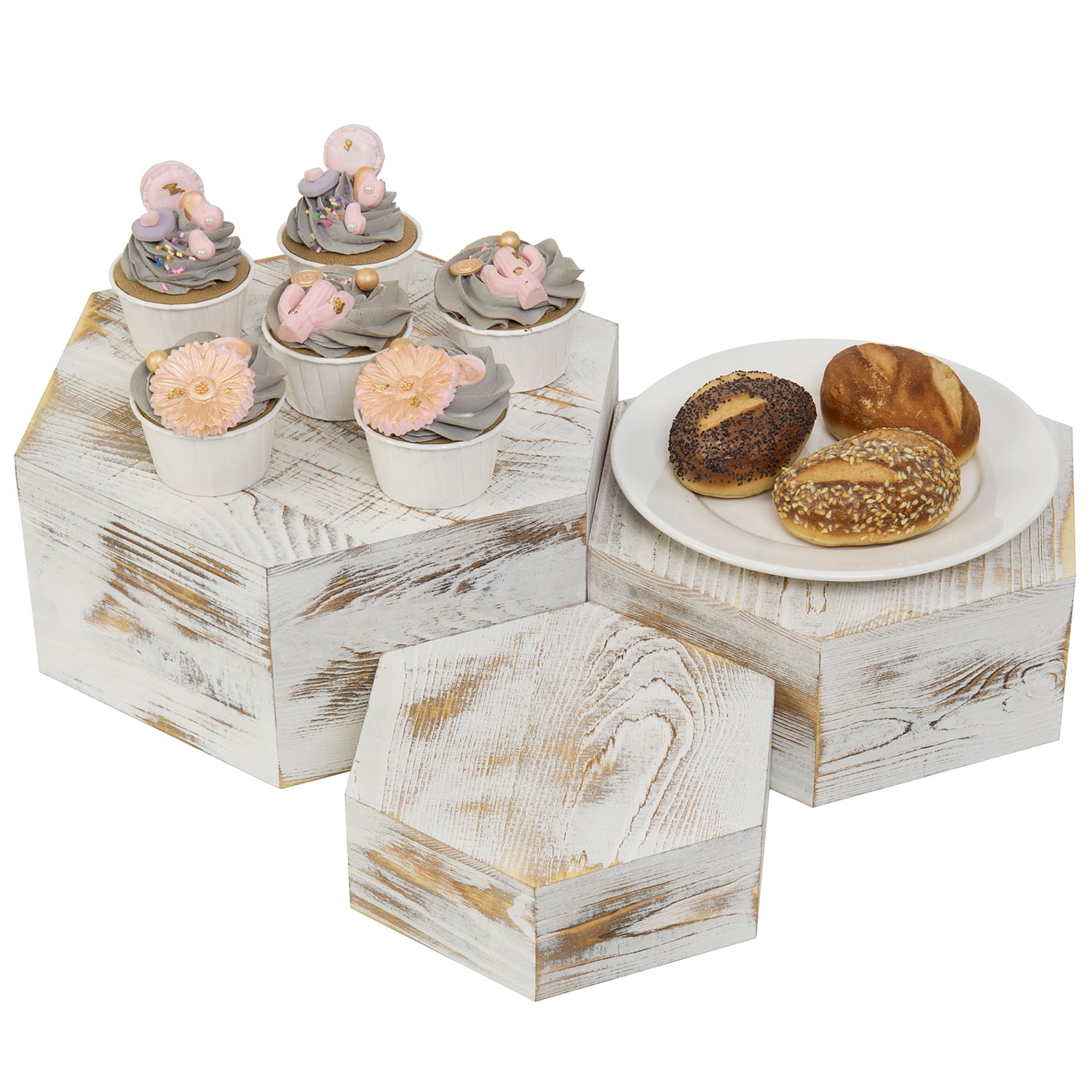 Set of 3 MyGift Shabby Whitewashed Wood Round Dessert and Bakery Retail Display Riser Stands 