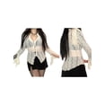 thumbnail image 5 of Sedceaty Women's Long Sleeve Lapel Shirt, Solid Color Single-Breasted See-Through Lace Patchwork Irregular Hem Casual Tops, 5 of 6