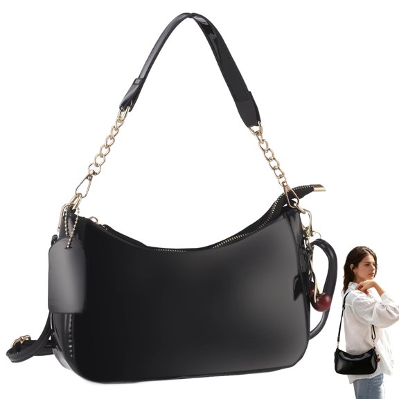 Black Shoulder Bag for Women, Cute Hobo Bag with Cherry Charm, PU Leather Handbag with Crossbody Strap, Casual Everyday Tote for Travel, Work, Shopping
