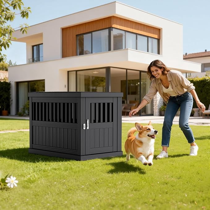 YOSADIER Indoor/Outdoor Dog House, Waterproof Durable Plastic with Locking Door, Ventilation and Raised Floor Design, Easy Assembly, Suitable for Small to Medium Dogs, Black