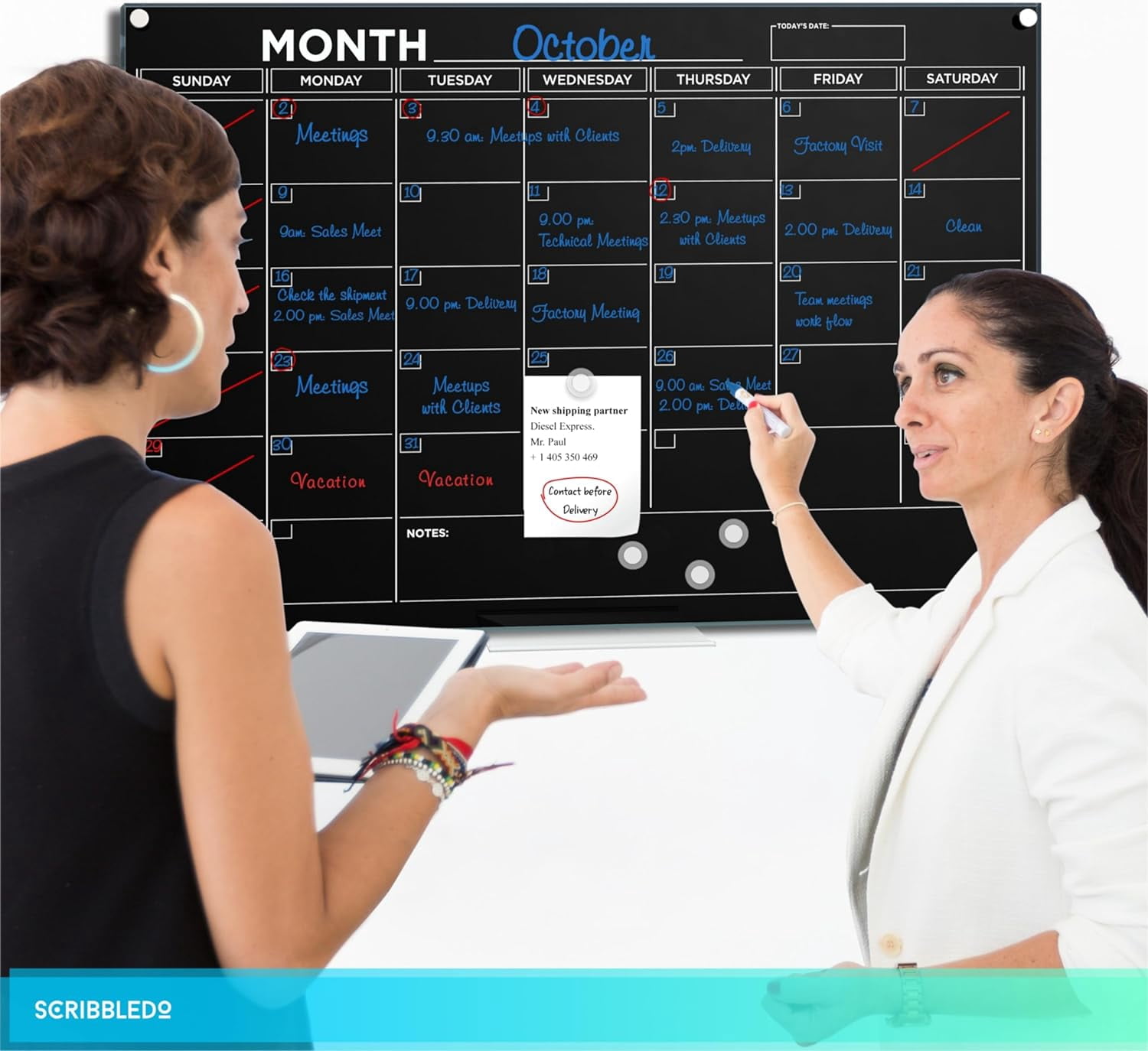 Black 24”x36” Magnetic Glass Whiteboard Calendar Planner White Board Calendar Dry Erase Board Dry Erase Calendar for Wall Monthly Glass Calendar Whiteboard Home Office Large Wall Calendar