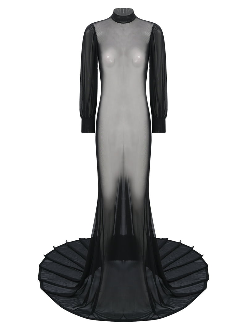 Alvivi Womens See Through Mesh Maxi Dress Long Sleeve Court Train