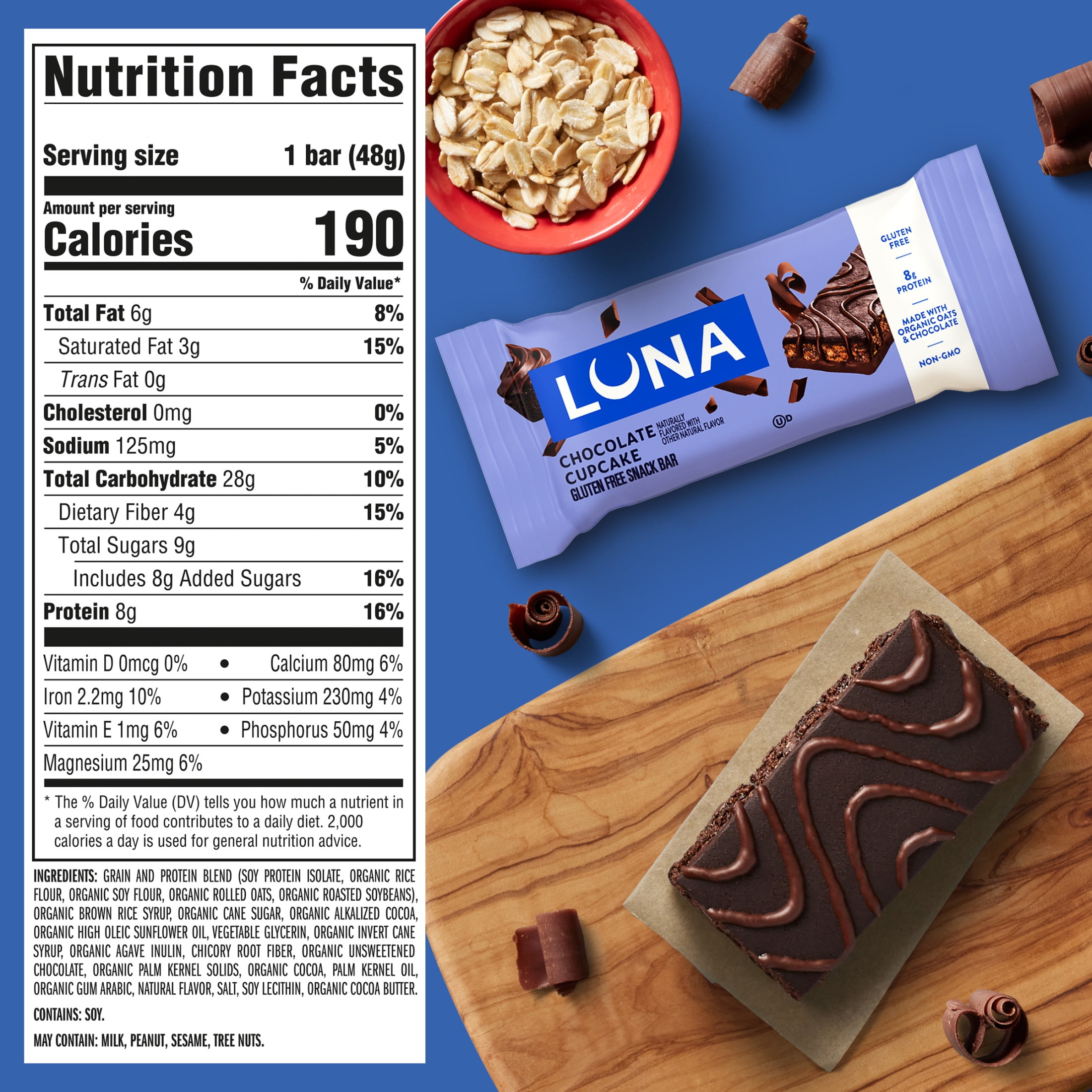 LUNA Chocolate Cupcake Flavor Gluten Free Snack Bars, Protein Bars, 15ct