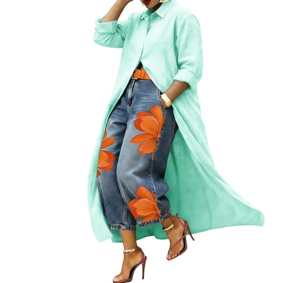 Long Sleeve Shirts for Women, Women's Linen Button Front Shirt Maxi Dress Long Sleeve Lapel Casual Solid Oversized Vacation Dresses with Pockets