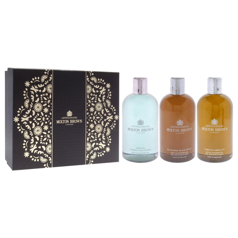 Molton Brown Woody and Aromatic Body Care Collection , 3 Pc 10oz Re-Charge  Black Pepper Shower Gel, 10oz Coastal Cypress and Sea Fennel Shower Gel, 