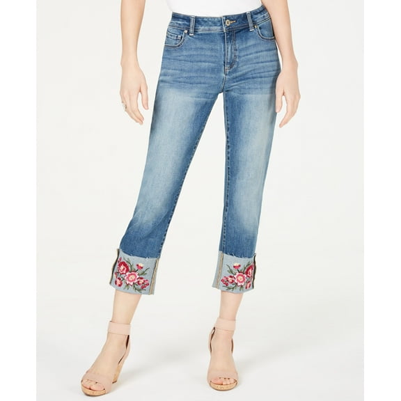 Embroidered Flower Cropped Straight Leg Jeans Medium Indigo 16