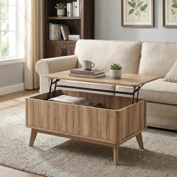 Topcobee 35.5" Rectangle Wooden Fluted Lift Top Coffee Table, Center Table for Living Room, Modern Furniture for Home-Walnut