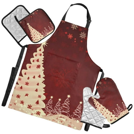 Ryvnso Golden Christmas Tree Kitchen Apron Oven Mitts Set Pot Holders