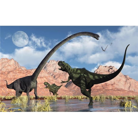 StockTrek Images PSTMAS100902P A Pair of Carnivorous Yangchuanosaurus Dinosaurs Confront An Omeisaurus Dinosaur in What is Modern Day China Poster Print, 18 x 11