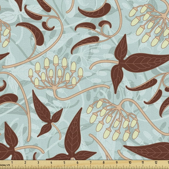Ambesonne Botanical Fabric by the Yard Upholstery, Modern Petals Buds, 2 Yards, Brown Pale Blue