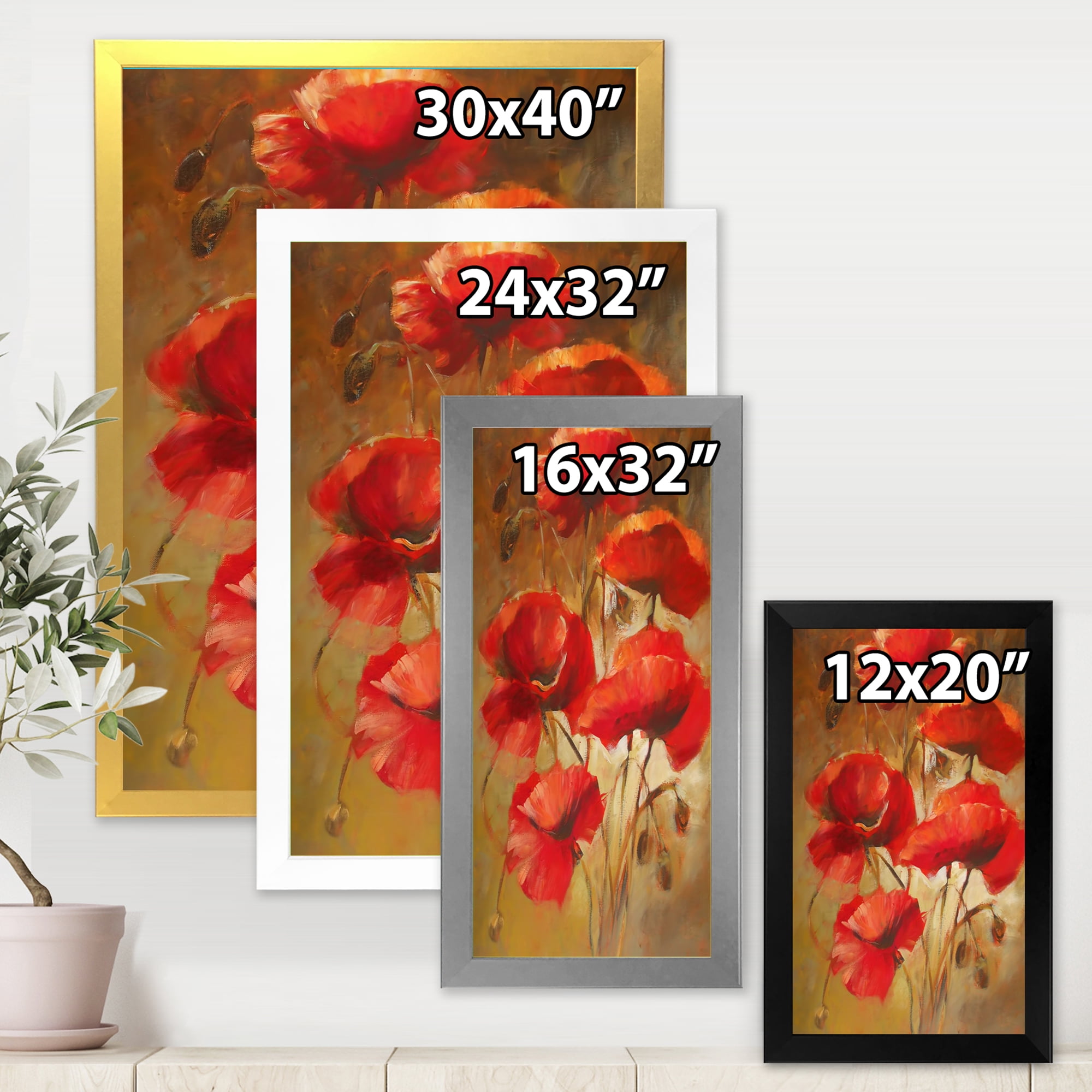 Designart 'Red Blossoming Poppies Over Wild Brown I' Traditional Framed Art Print