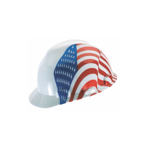 MSA V-Gard Freedom Series Class E Type I Hard Cap With Fas-Trac Suspension And Dual American Flag