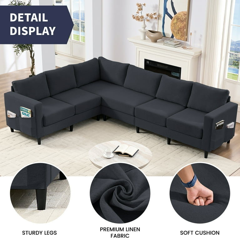 ZAFLY Modern L-Shaped Sectional Couch with Linen Fabric Grey for