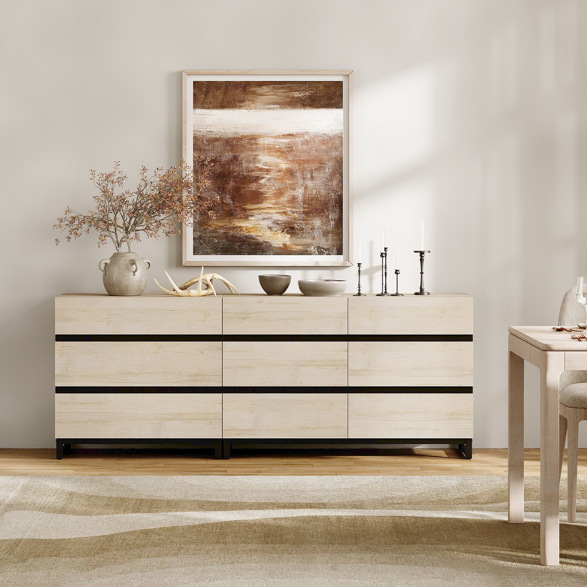 2 In 1 Sideboard Buffet Cabinets With 9 Drawers, Modern Sideboard Credenza With Metal Base, Coffee Bar Cabinet Storage Cabinet For Living Room, Kitchen,Beige