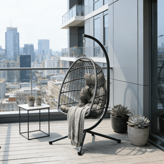 Dark Gray Wicker Hanging Egg Chair with Stand, Cup Holder & Removable Guardrail, Indoor Outdoor Swing for Balcony