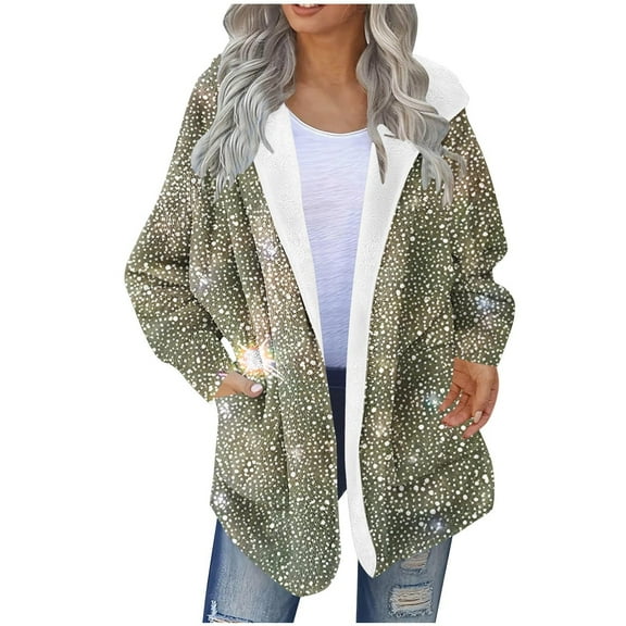 XPMWRP Women's Winter Sherpa Long Sleeved Warm Coats Fuzzy Fashionable Printed Coats Fleece Jacket Plus Size Warm Jacket Gold M