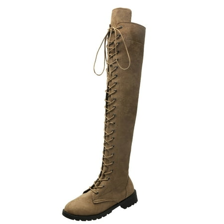 DVKOVI Dress Shoes for Women Women s Lace Up Over The Knee Boots Round Toe Low Heel Side Zipper Long Boots Boots Shoes Ladies Fall Winter Tall Boots for Women Heel Boots for Women Khaki 39