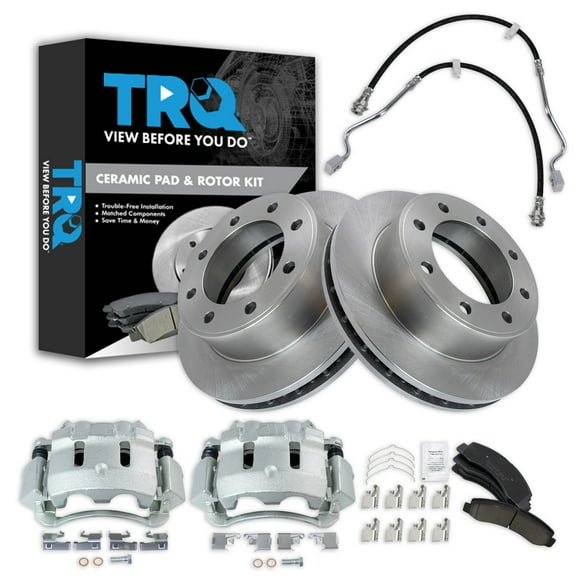 TRQ Front Brake Pad & Rotor Kit Brake Caliper Brake Hose Brake Pads Brake Rotor Ceramic Fits Select 2000-2004 Ford F-250 Super Duty F-350 Super Duty