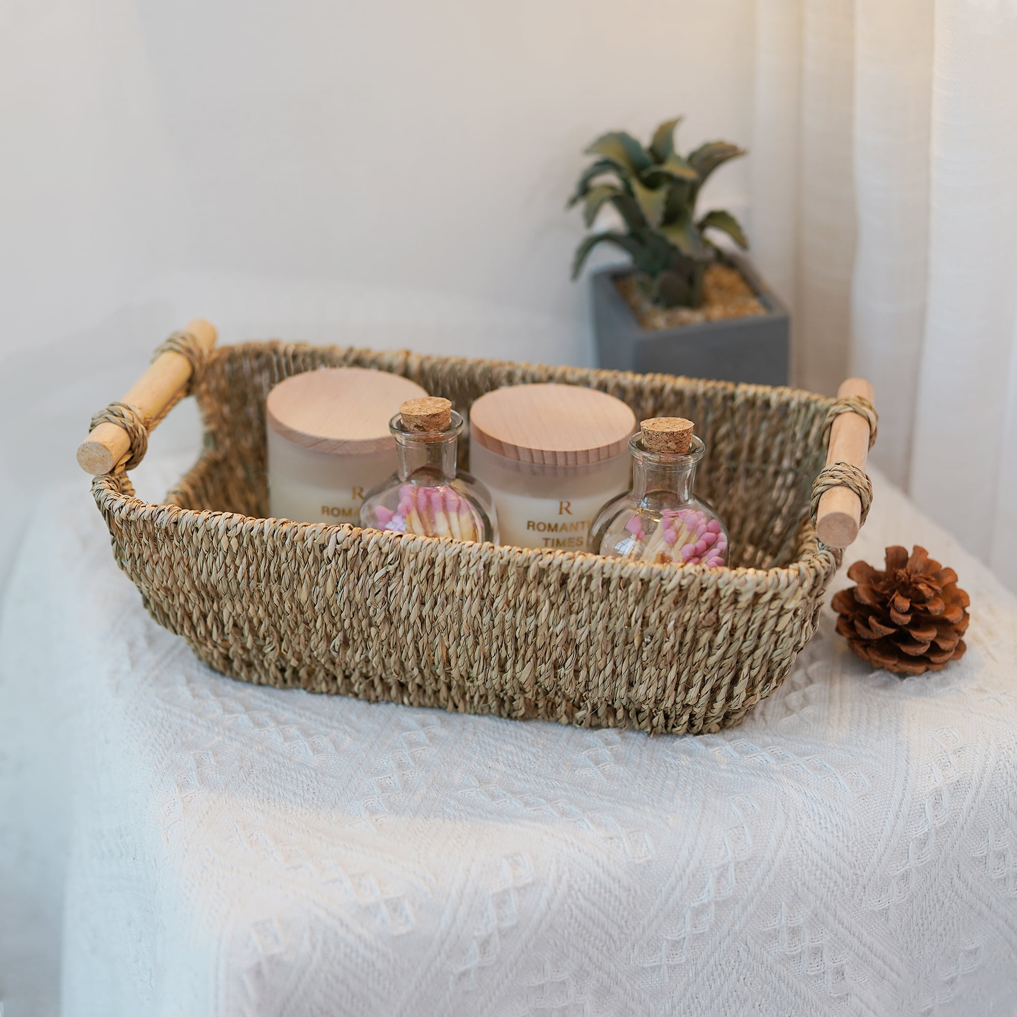 Small Wicker Baskets, Handwoven Baskets for Storage, Seagrass Rattan Baskets with Wooden Handles, 2-Pack, Natural