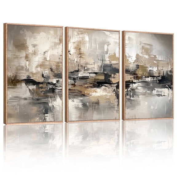 IARTTOP Textured Abstract Wall Art Modern Minimalist Beige Black Impasto Framed Set of 3 for Living Room Bedroom Office 24x36 Inch