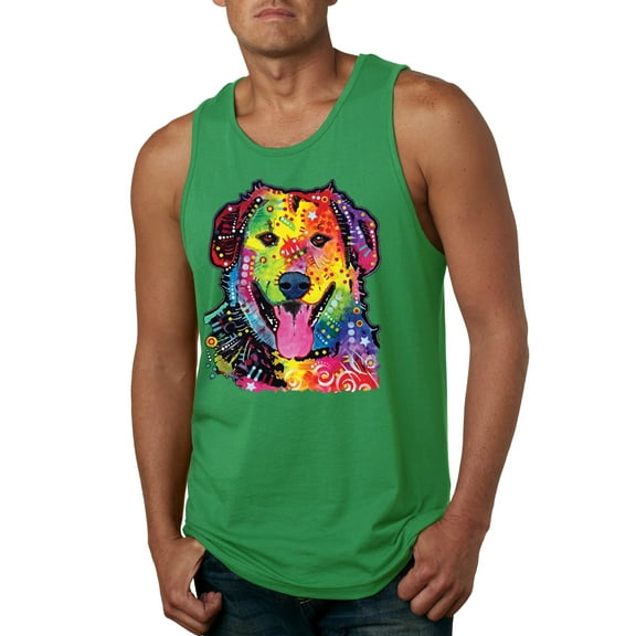 Smiling Dog | Colorful Neon Golden Retreiver | Dean Russo Art Animal Lover Mens Tank Top, Kelly, 3X-Large