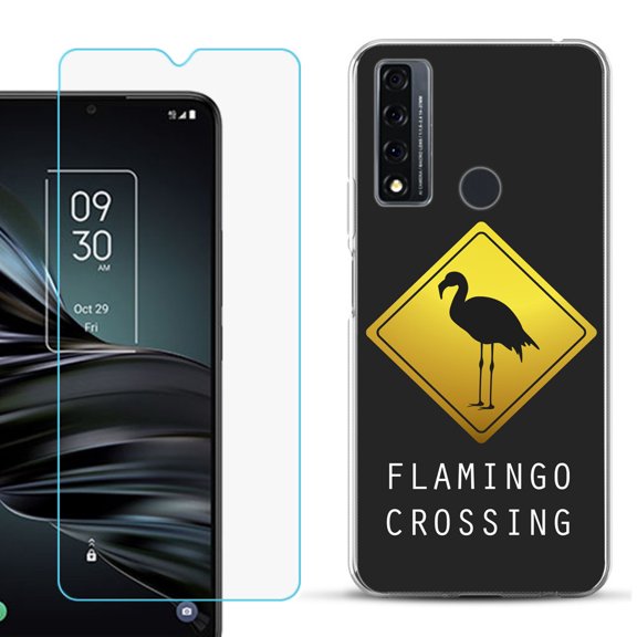 Slim-Fit Fashion Phone Case for TCL 20 XE, with Tempered Glass Screen Protector, by OneToughShield ® - Flamingo