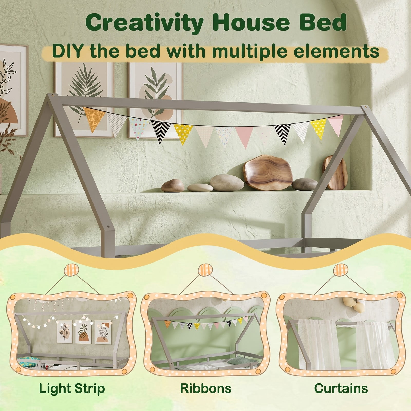 Furnibear Twin Bed Frame, House Bed with Pull Out Trundle and Fence Rail Guards, Montessori Floor Bed with Slat Support for Kids Room, Gray