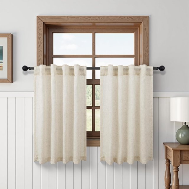 DANCURTON Linen Curtains for Window Modern Kitchen Bedroom Small Windows 2 Panels Back Tab Pocket Thick Sheer Short Half Curtains for Windows Modern Farmhouse Decor Beige 45 Inch Length 34 inch Wide
