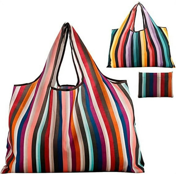 Nvzi Reusable Grocery Bag Gophra 2 Packs Large Washable Foldable Eco Friendly Nylon Heavy Duty Fits in Pocket Shopping Tote Bag (New Rainbow)