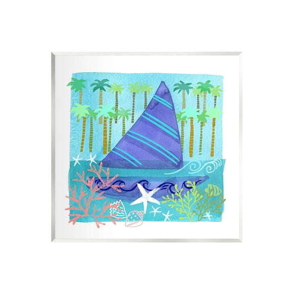 Stupell Industries Funky Sailboat Coastal Layered Palm Trees Seashells Graphic Art Unframed Art Print Wall Art, Design by unknown