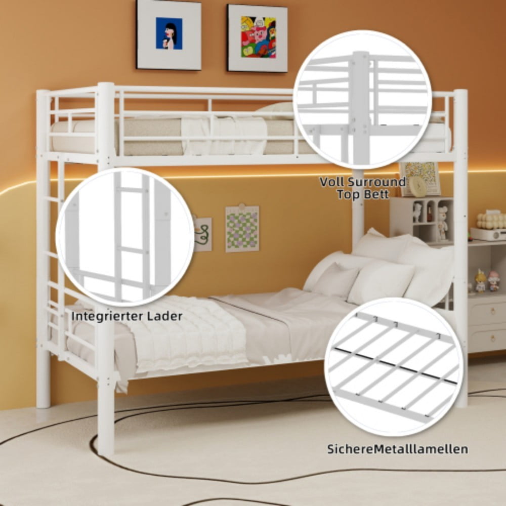 Twin Metal Bunk Bed, Convertible & Detachable into 2 Twin Beds, Heavy-Duty Iron Frame, 400 lbs Capacity, Guardrails & Ladder, White