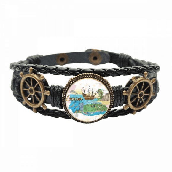 Cancun Mexico Island Mayan Temple Leather Braided Ocean Bracelet Wristband