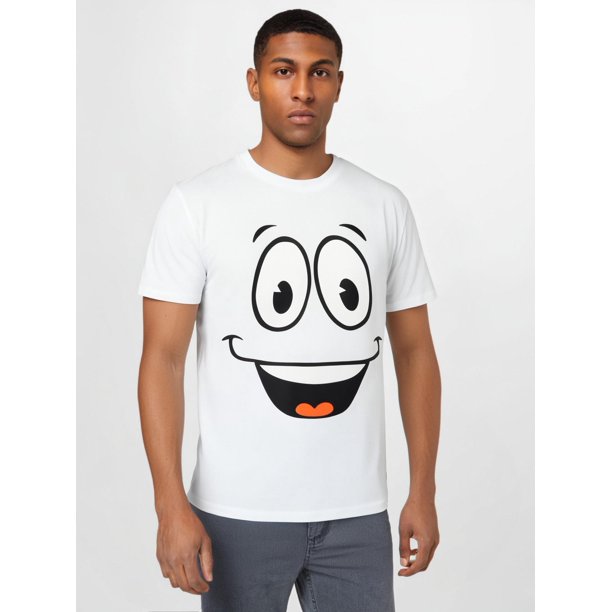 Men'S Fashion Smile Face T-Shirts, Casual Crew Neck Polyester Tops, 100% Cotton Knit Fabric, Slight Stretch, Regular Fit, 220gsm