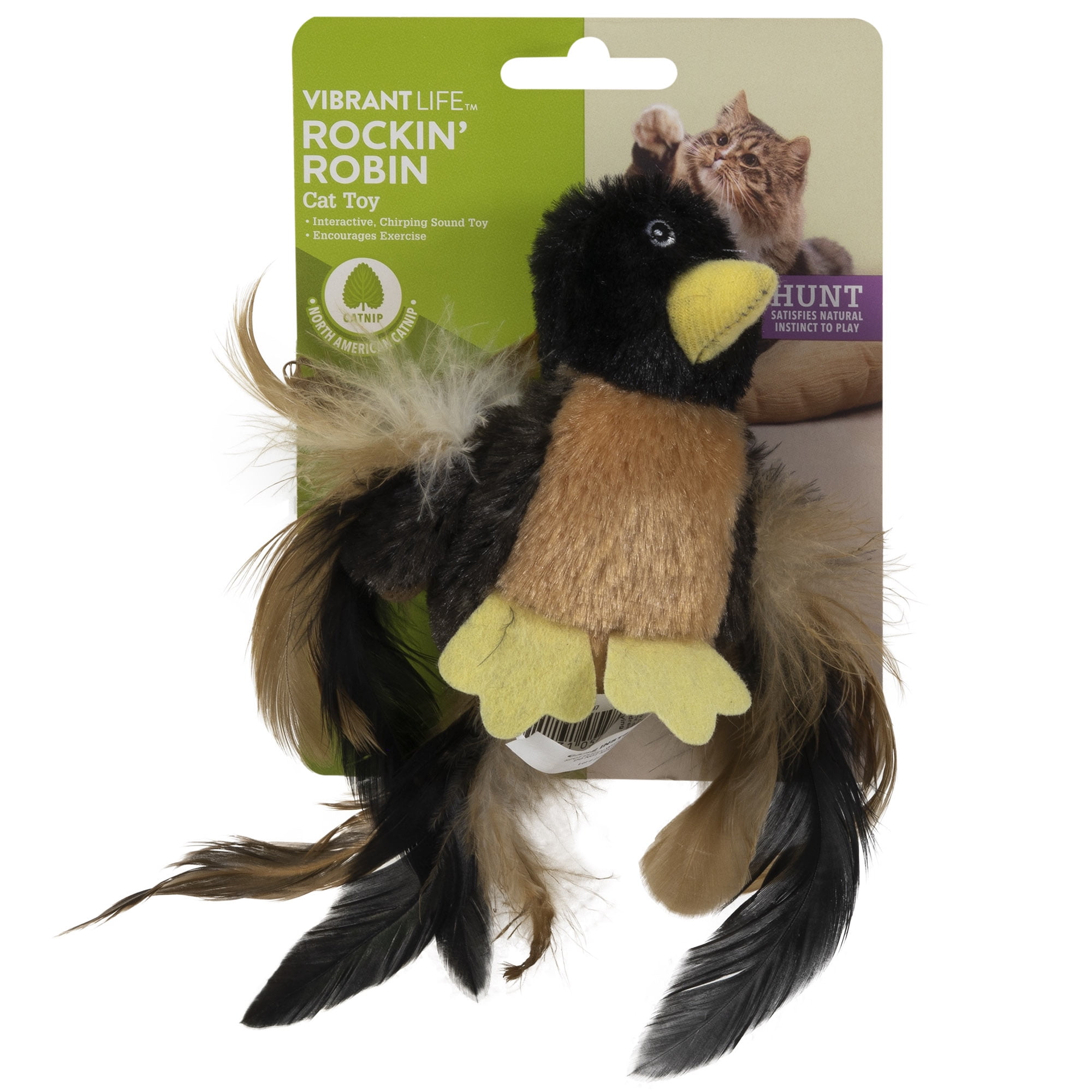 Vibrant Life Rockin' Robin Catnip Filled Plush Bird Cat Toy, Multi-Color, Realistic Bird Sounds