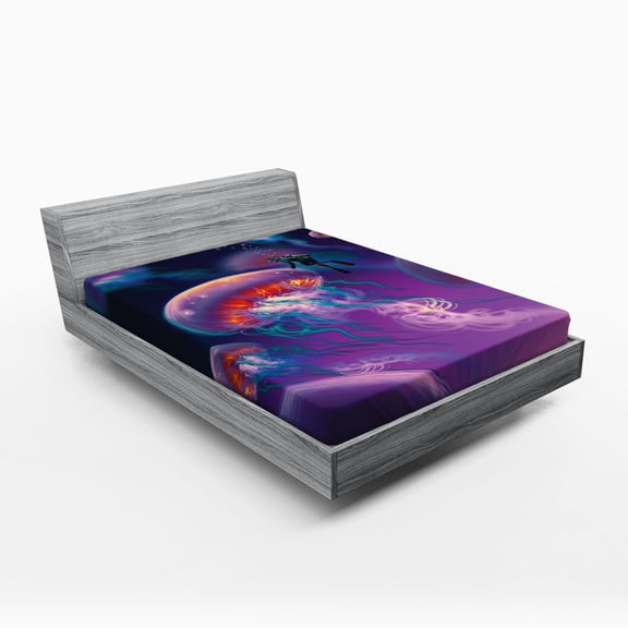 Ambesonne Underwater Fitted Sheet, Jellyfish, Full Size, Purple Blue