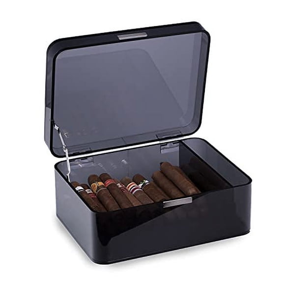 Acrylic Cigar Humidor Cigar Storage Box, Air Tight Cigar Container, Humidifier, Compartment for Humidity Pack Stores 50-75 Cigars (Black)