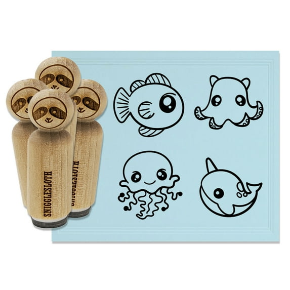 Kawaii Ocean Narwhal Jellyfish Octopus Fish Rubber Stamp Set for Scrapbooking Crafting Stamping - Large 1-1/4 Inch