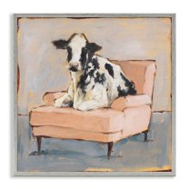 Sweet Baby Calf on a Pink Couch Neutral Color Painting Animals & Insects Framed Art Print Wall Art, 17x17