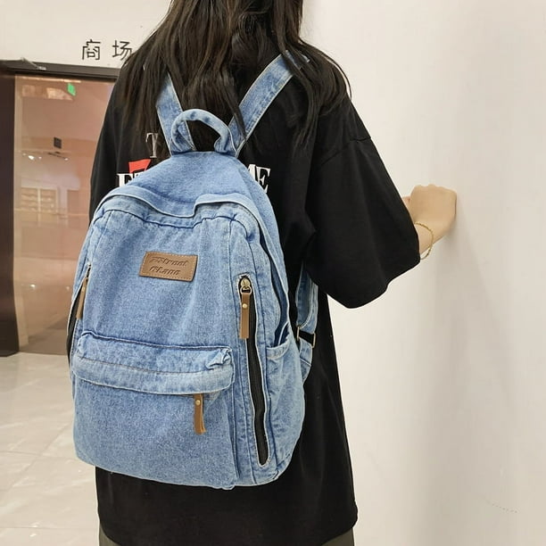 Mochila De Mezclilla Para Estudiantes Mochila Con Cremallera Bolsillos Múltiples Mochila Escolar Grande Azul Claro Azul