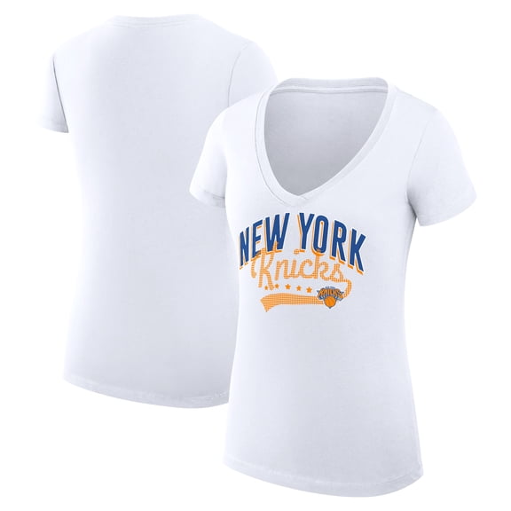 Women's G-III 4Her by Carl Banks White New York Knicks Super-Slim Fit Lightweight Filigree Logo V-Neck T-Shirt