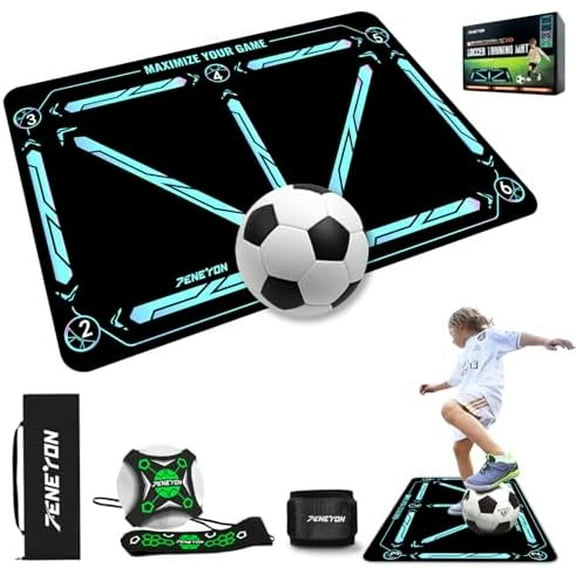 Soccer Training Mat with Adjustable Soccer Trainer - Non-Slip Soccer Training Equipment for Kids Youth to Boost Speed, Strength & Coordination | Soccer Trainer for Indoor/Outdoor Drills