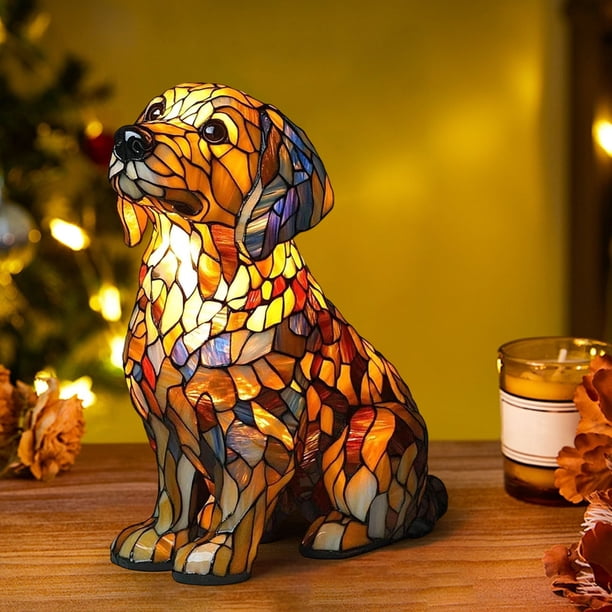 Lámpara de mesa Golden Retriever, luz nocturna artística de la serie Dog, regalo de cumpleaños y Navidad, lámpara de mesita de noche con vitrales y luz ambiental cálida, lámpara de cachorro arcoíris,
